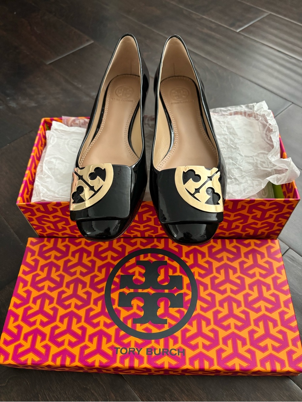 Tory Burch Black Patent Logo Toe Cap Flats